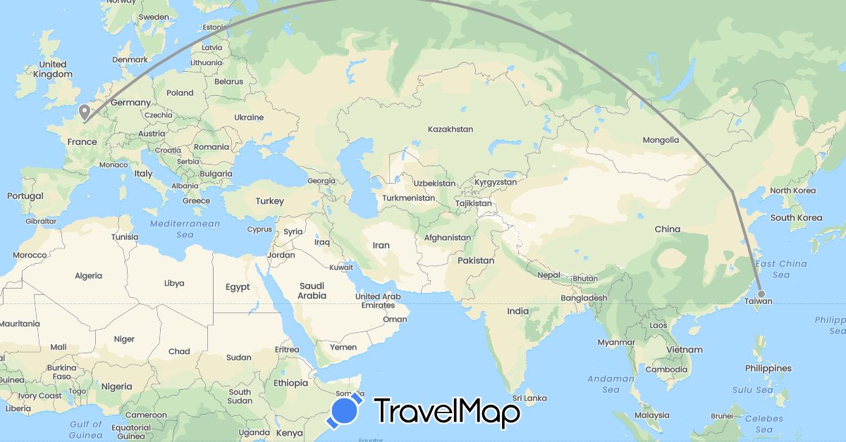 TravelMap itinerary: bus, plane in China, France, Taiwan (Asia, Europe)